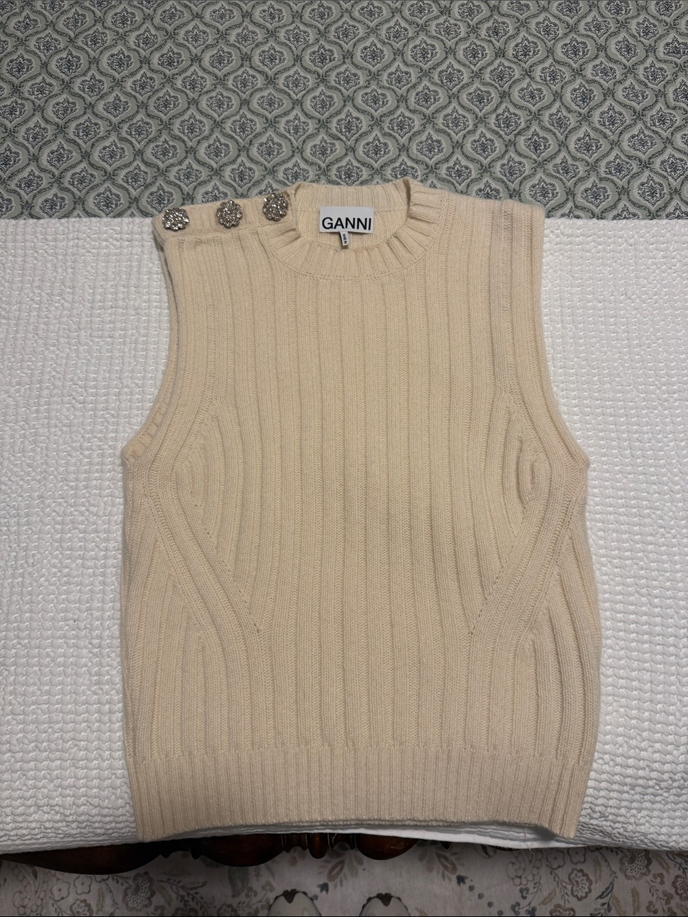 Ganni Cream Ribbed Wool-Blend Sweater Vest with Gem Encrusted Snap Closure